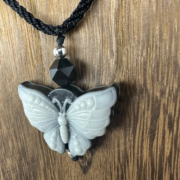 Tai Chi Stone Butterfly Pendant Necklace on Adjustable Black Rope - Picture 9 of 13